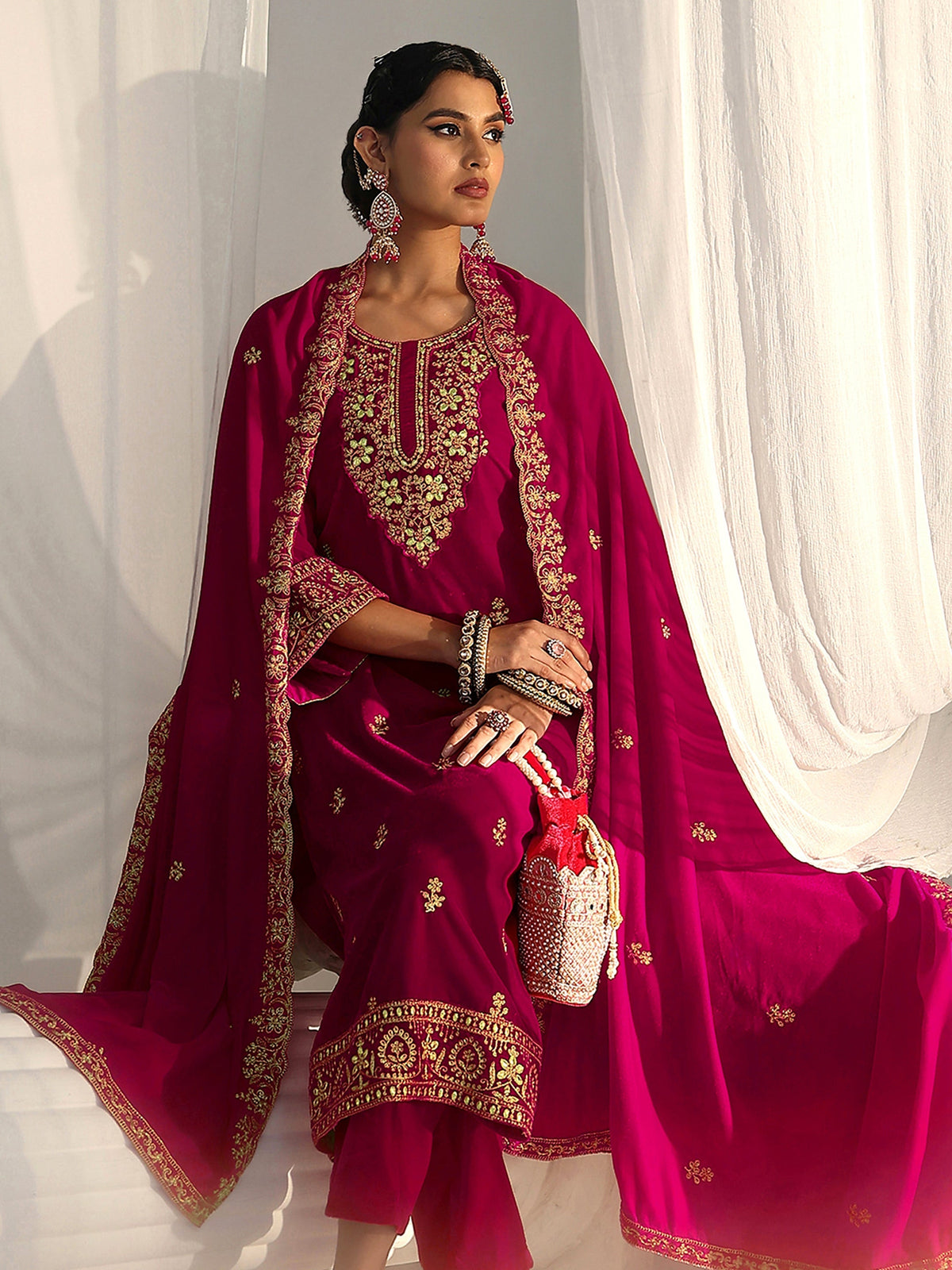 Anouk Red Floral Embroidered Velvet Straight Suit Set