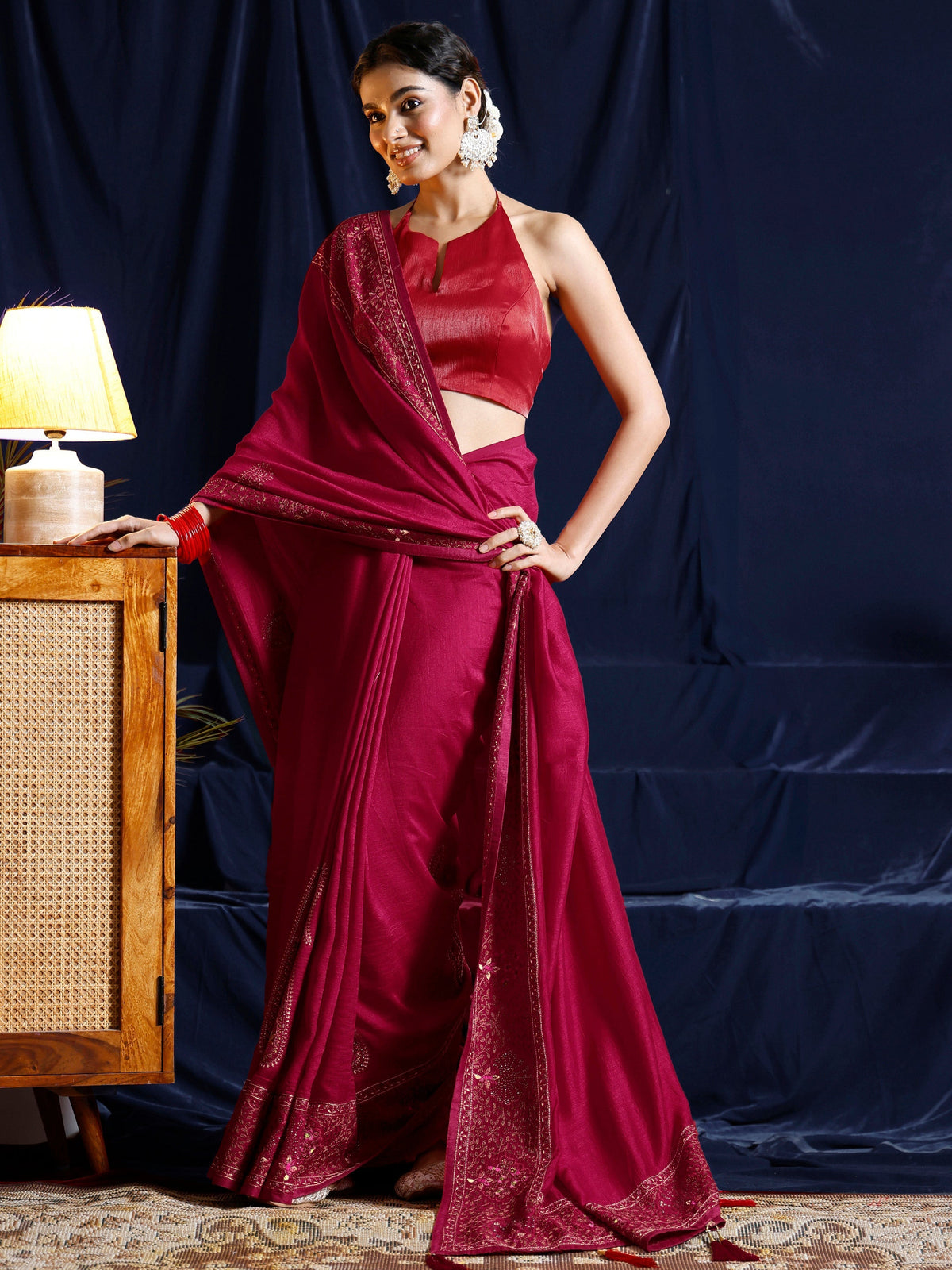 Anouk Red Paisley Embroidered Silk blend Saree