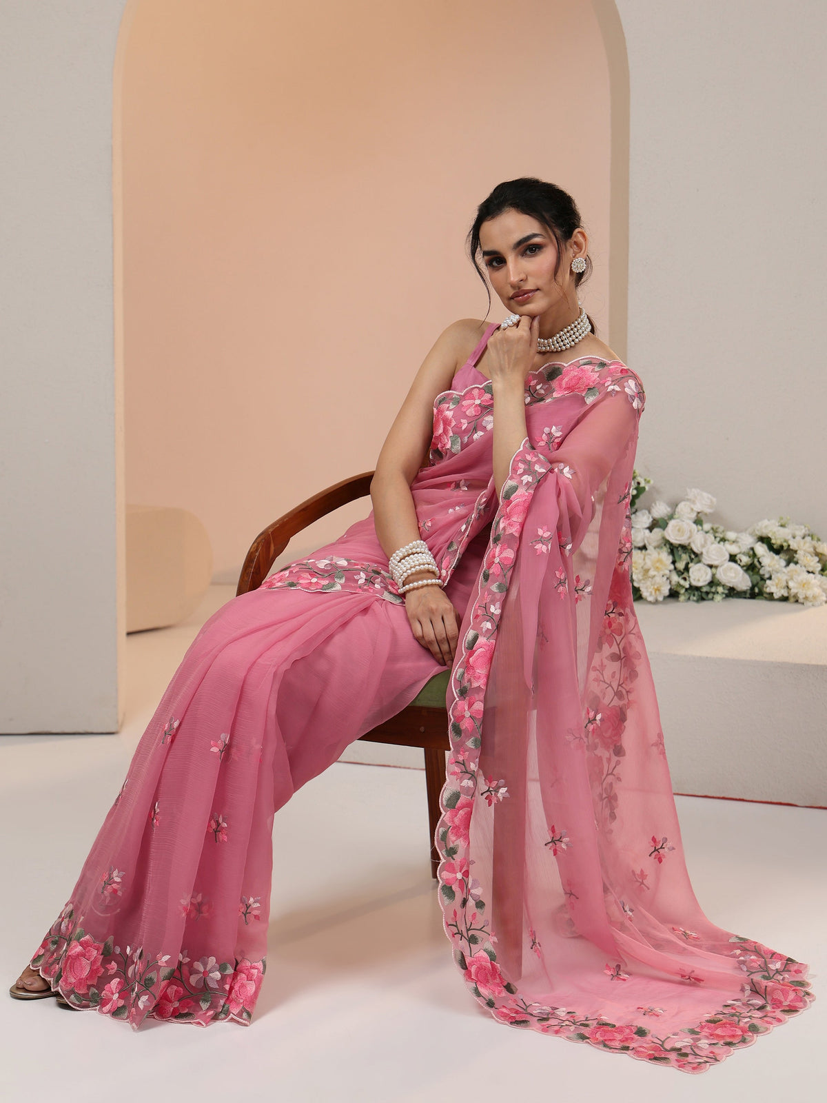Anouk Rose Pink Floral Embroidered Chiffon Saree with Scalloped Border