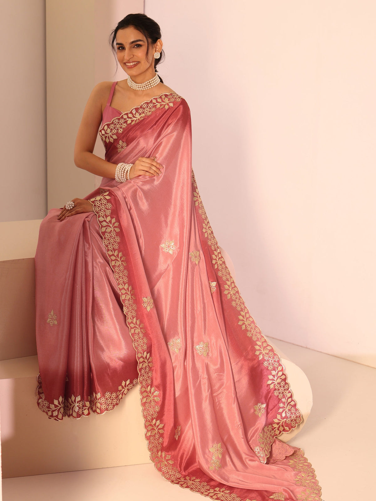 Anouk Rose Pink Floral Embroidered Ombre Silk Blend Saree