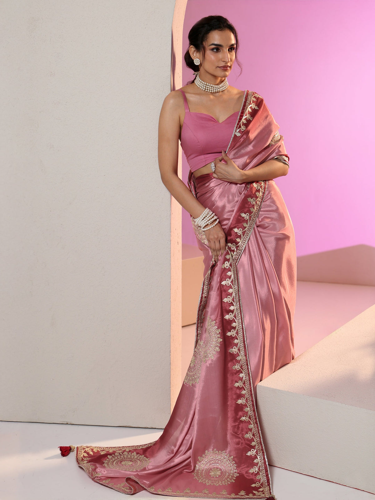 Anouk Rose Pink Mandala Art Embroidered Ombre Silk Blend Saree