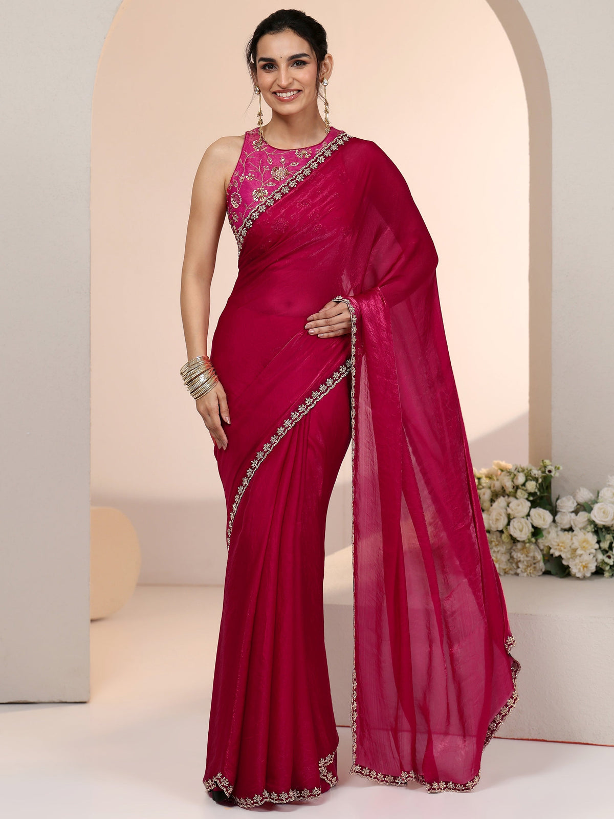 Anouk Rose Pink Tissue Saree with Stone Work Border