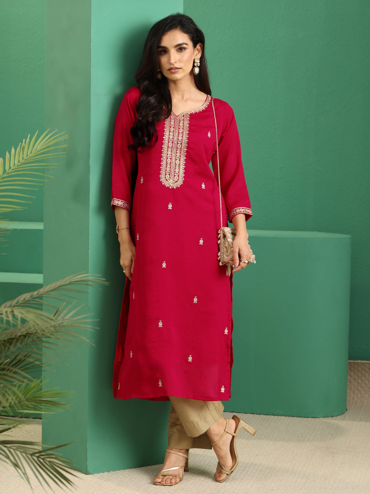 Anouk Rose Red Yoke Embroidered Silk Blend Straight Kurta