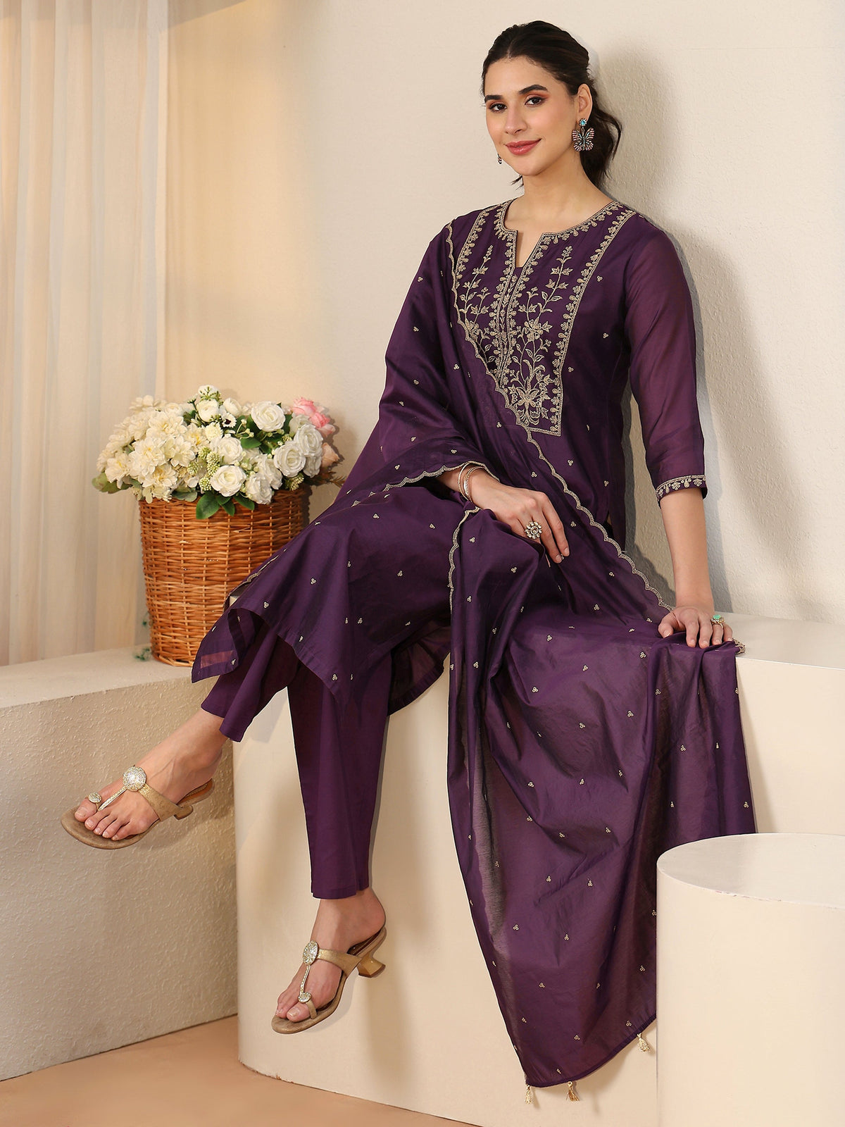 Anouk Royal Purple Floral Embellished Chanderi Silk Straight Suit Set
