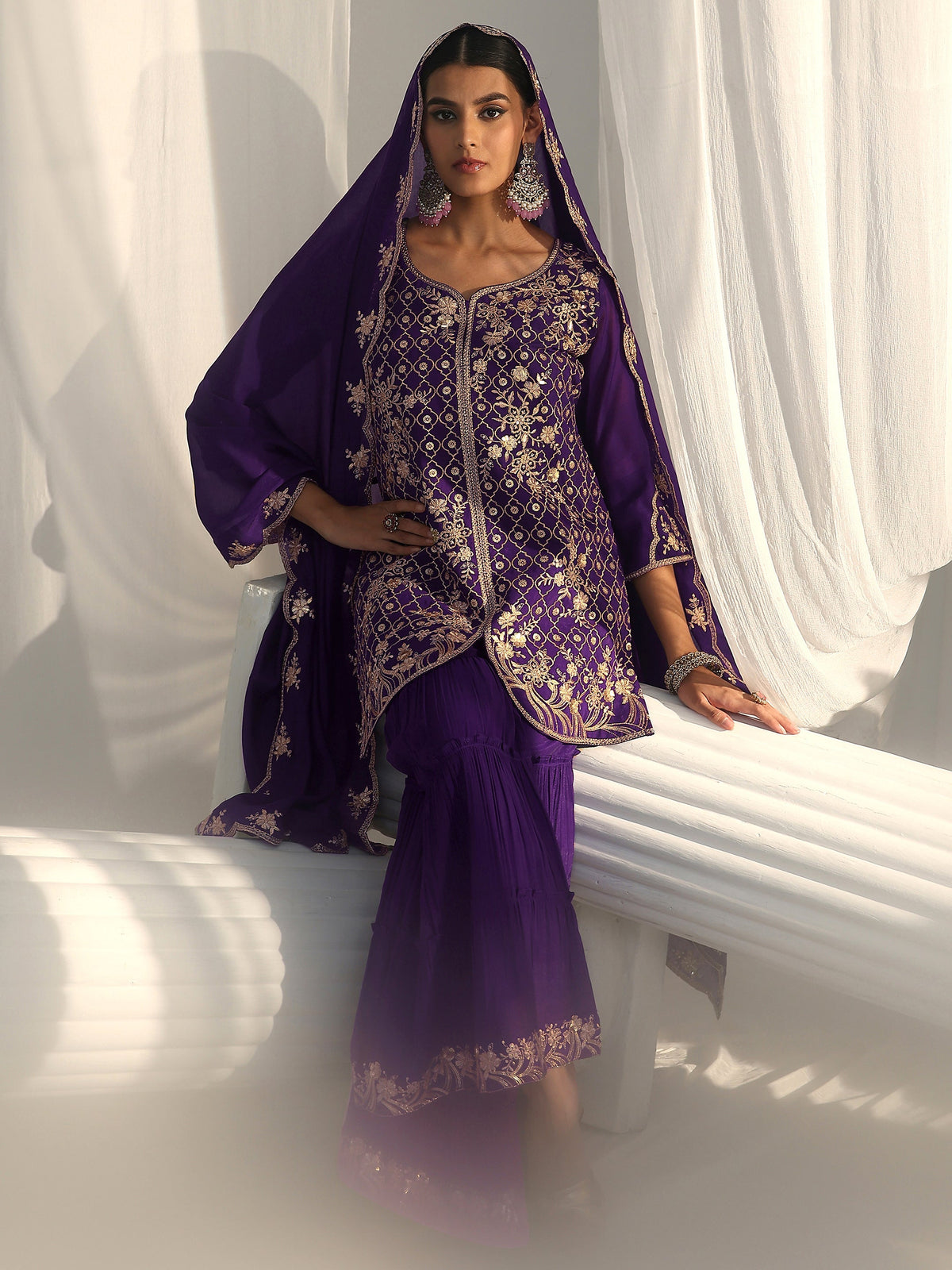 Anouk Royal Purple Floral Embroidered Chanderi Cotton Sharara Suit Set