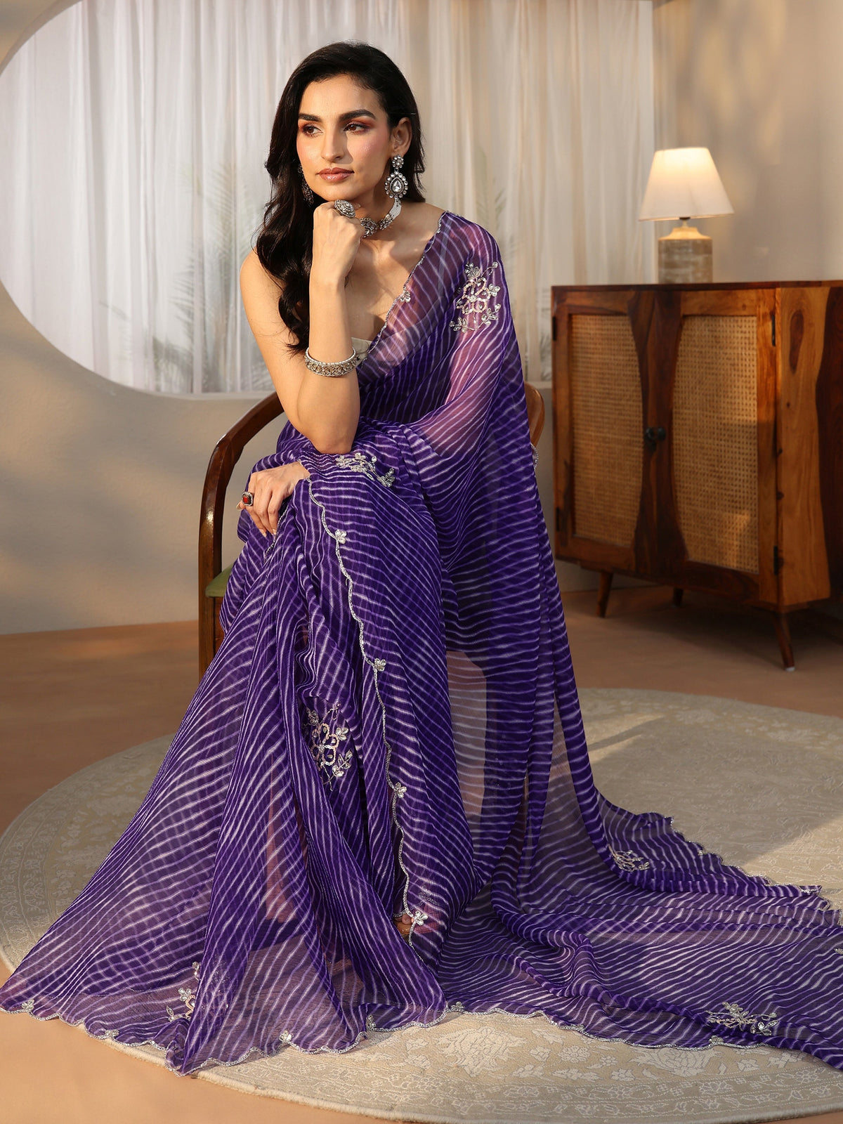 Anouk Royal Purple Leheriya Printed Chiffon Saree