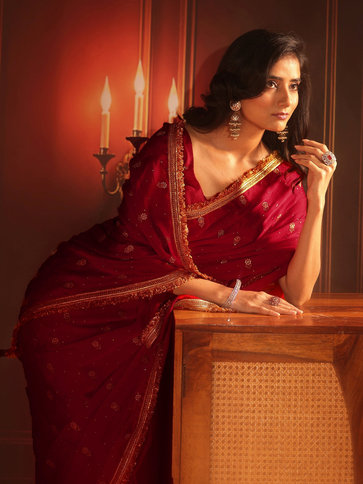 Anouk Ruby Red Embellished Chinon Saree