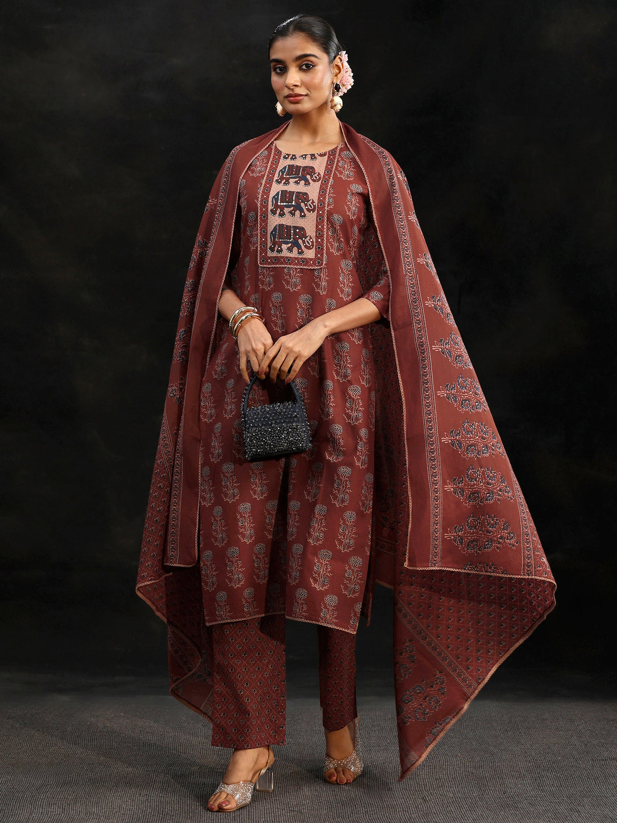Anouk Rust Brown Ajrakh-Inspired Cotton Straight Suit Set