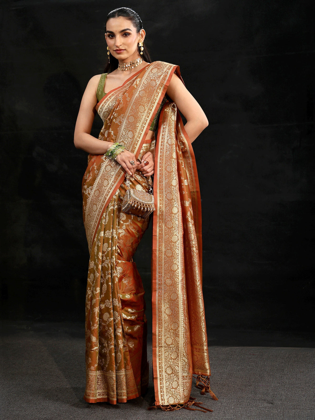Anouk Rust Brown Banarasi Silk Blend Saree