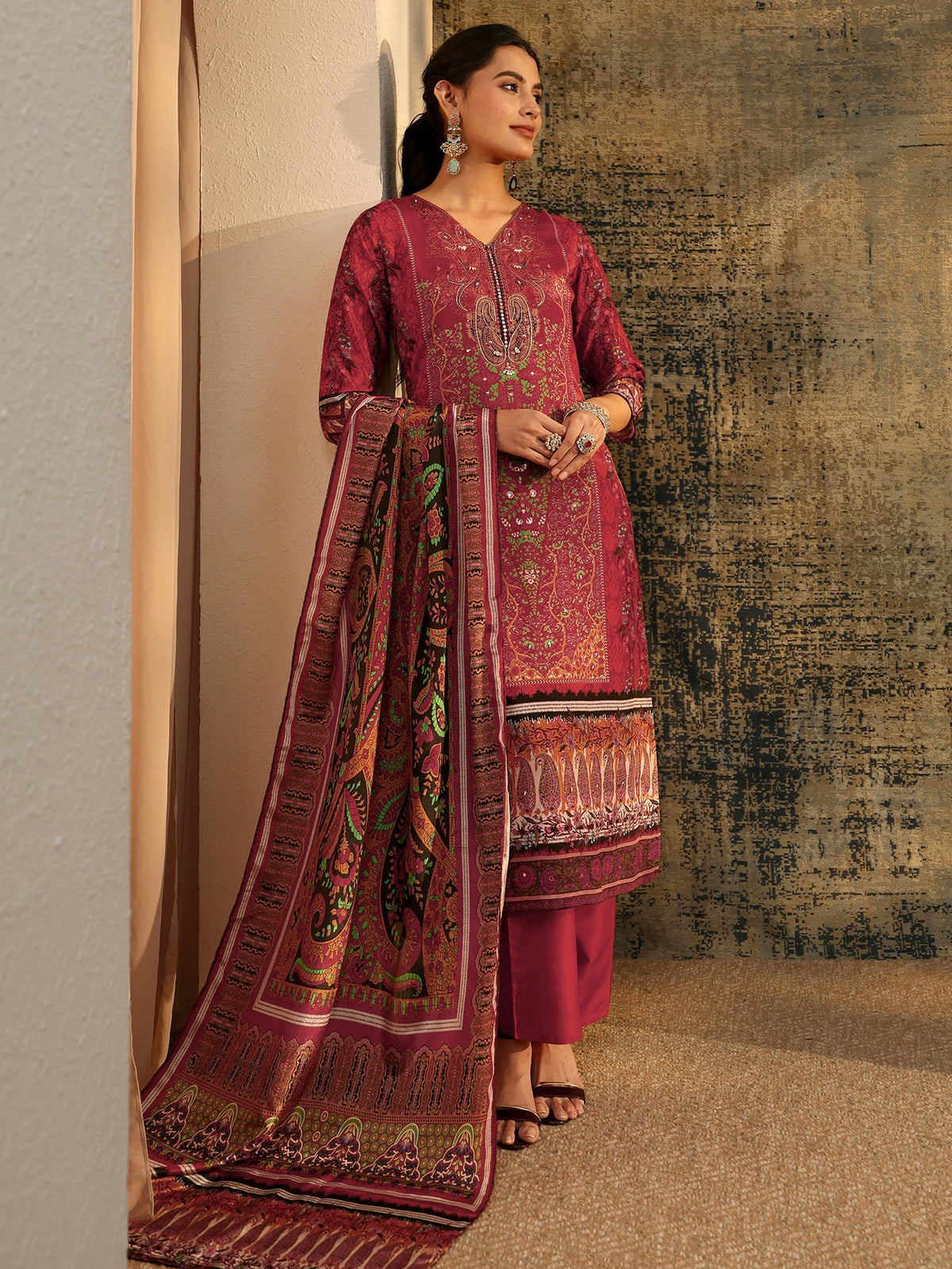 Anouk Rust Brown Ethnic Print Chinon Straight Suit Set