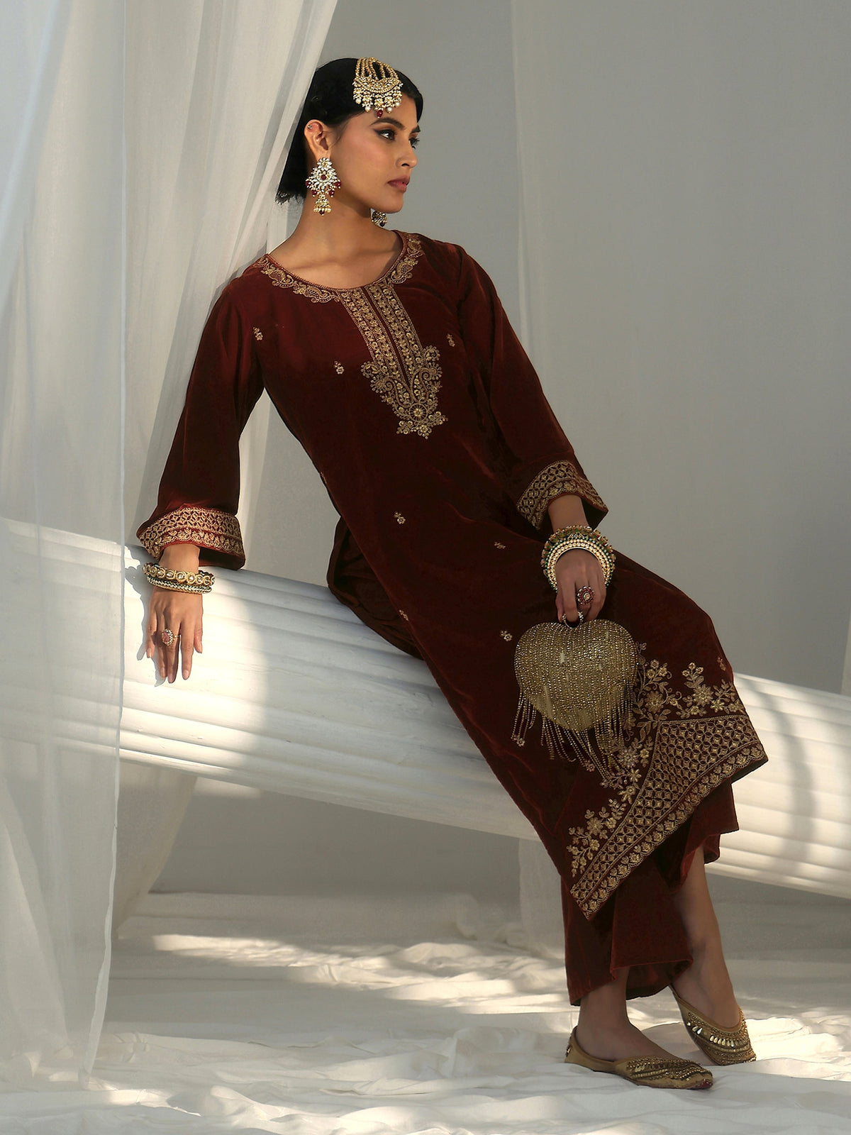 Anouk Rust Brown Floral Embroidered Velvet Straight Suit Set
