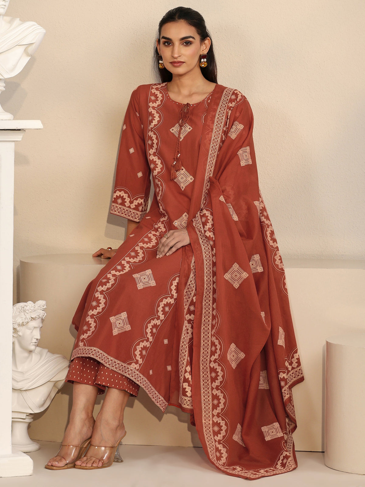 Anouk Rust Brown Printed Cotton A-line Suit Set