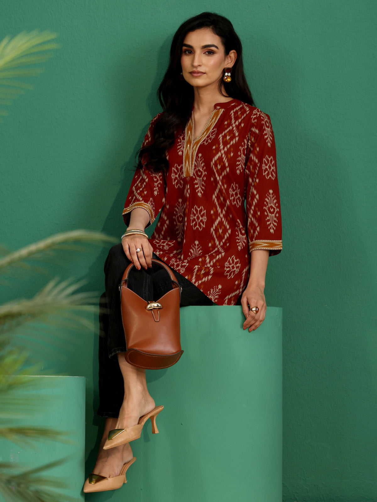Anouk Rust Brown Printed Cotton Short Kurti