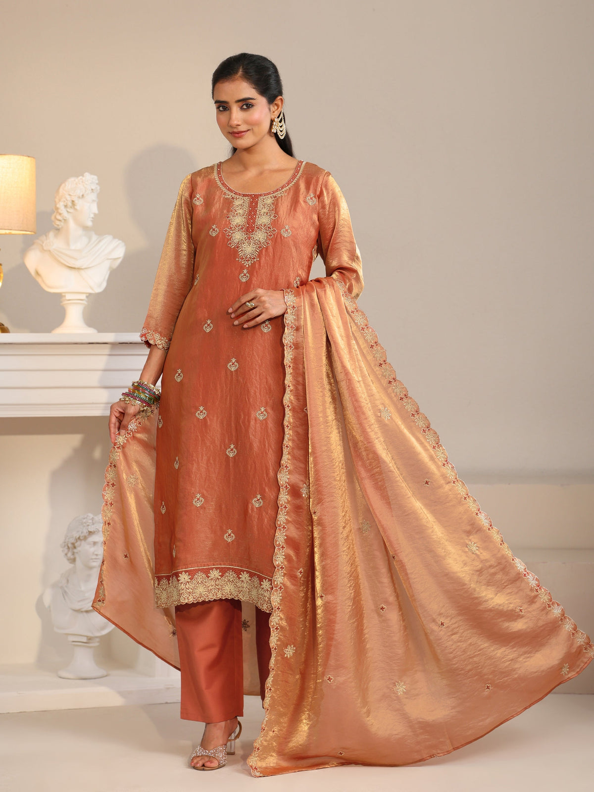 Anouk Rust Embroidered Organza Straight Suit Set