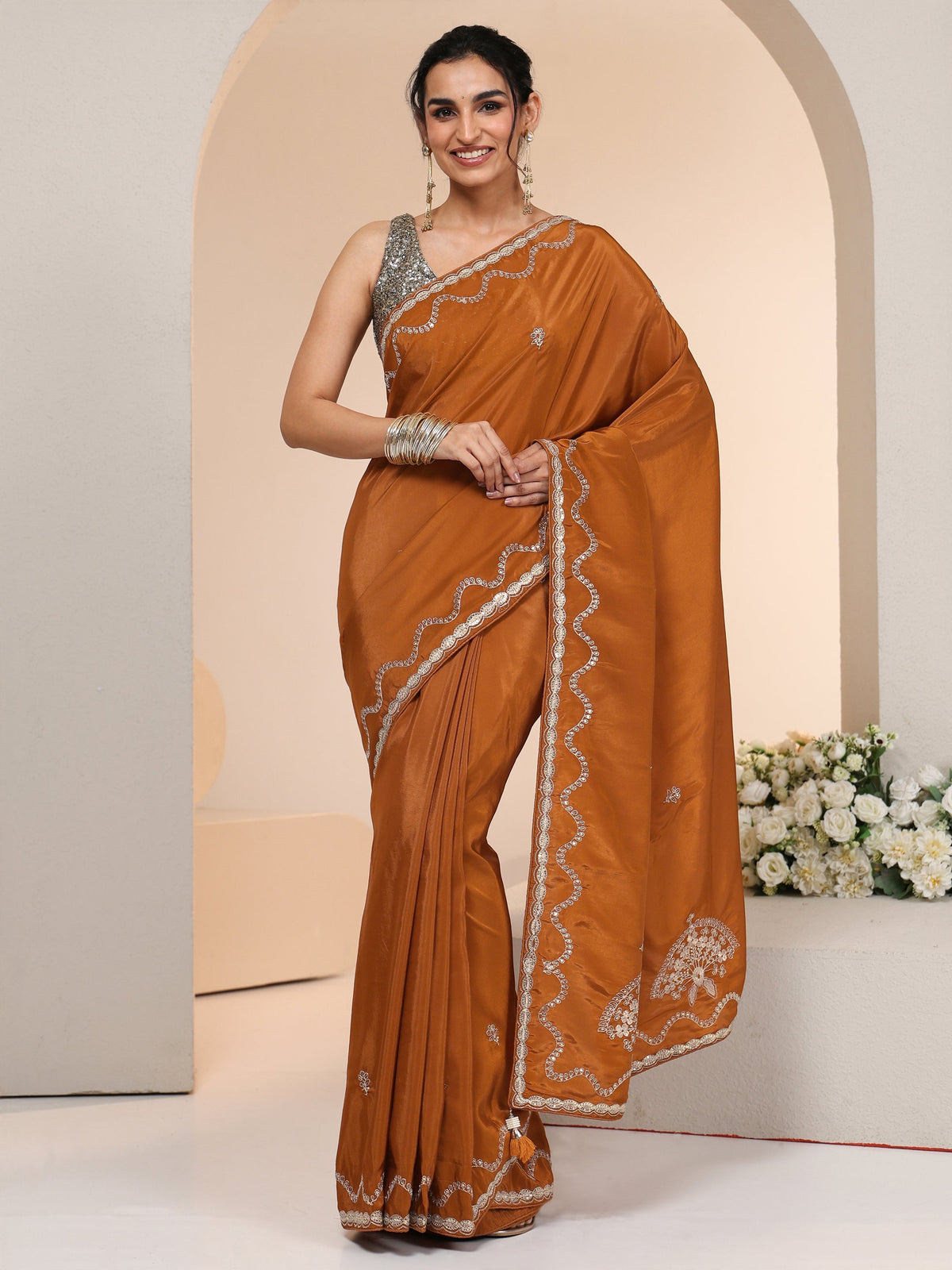Anouk Rust Embroidered Silk Blend Saree