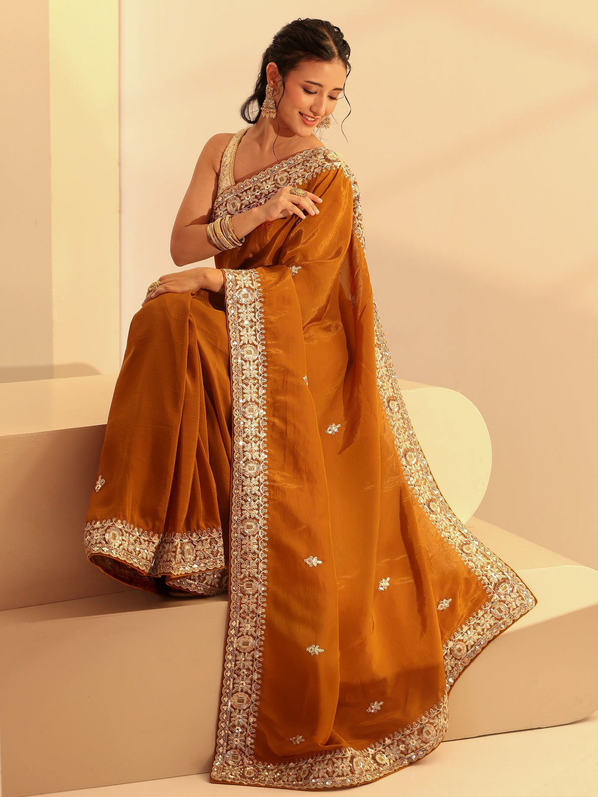 Anouk Rust Embroidered Silk Blend Saree