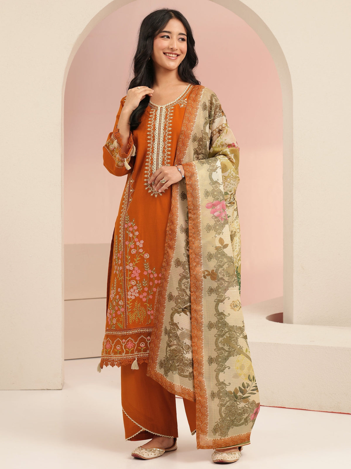 Anouk Rust Orange Floral Embridered Cotton Straight Suit Set