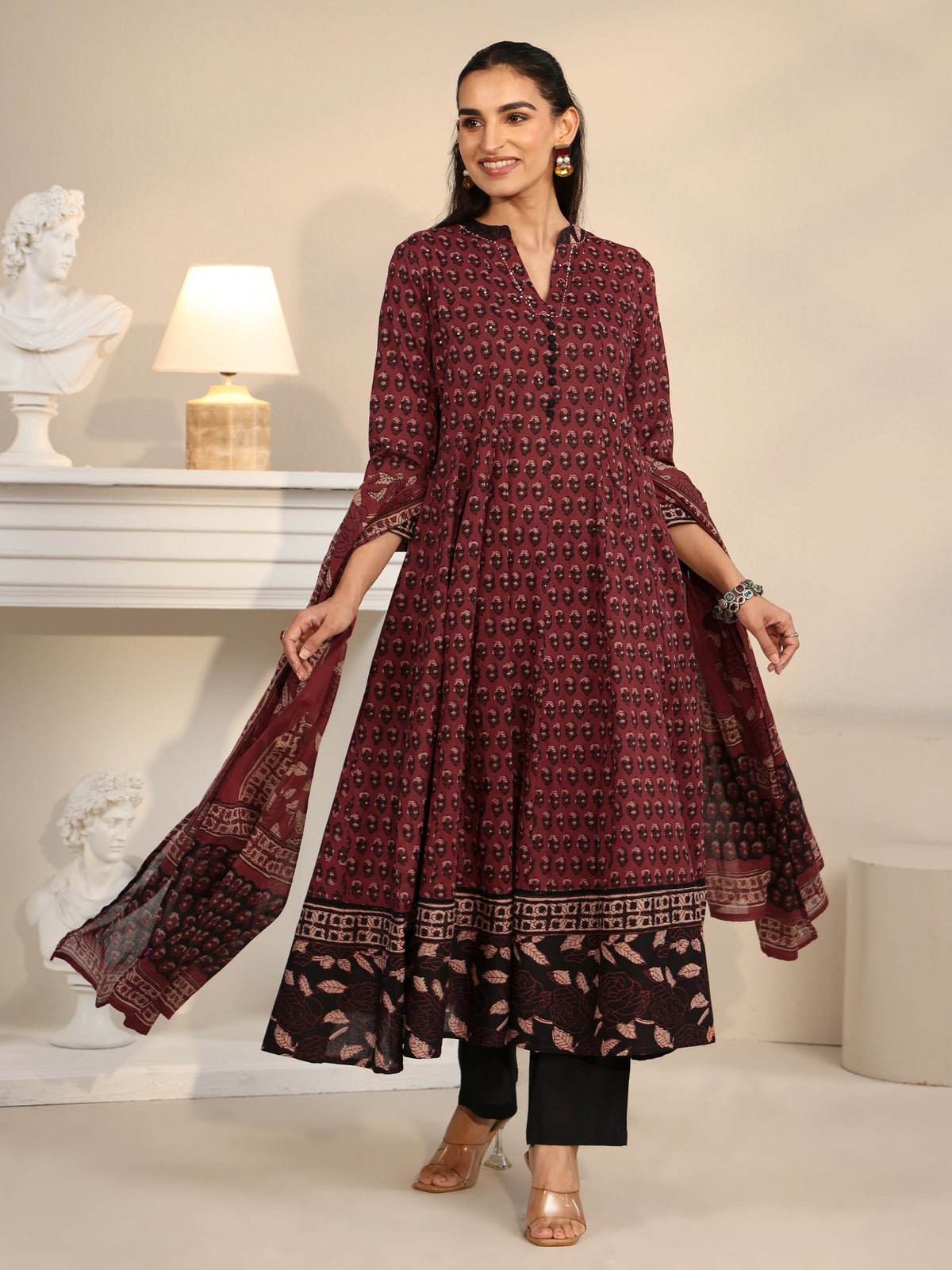 Anouk Rust Red Ajrakh Printed Cotton Anarkali Suit Set