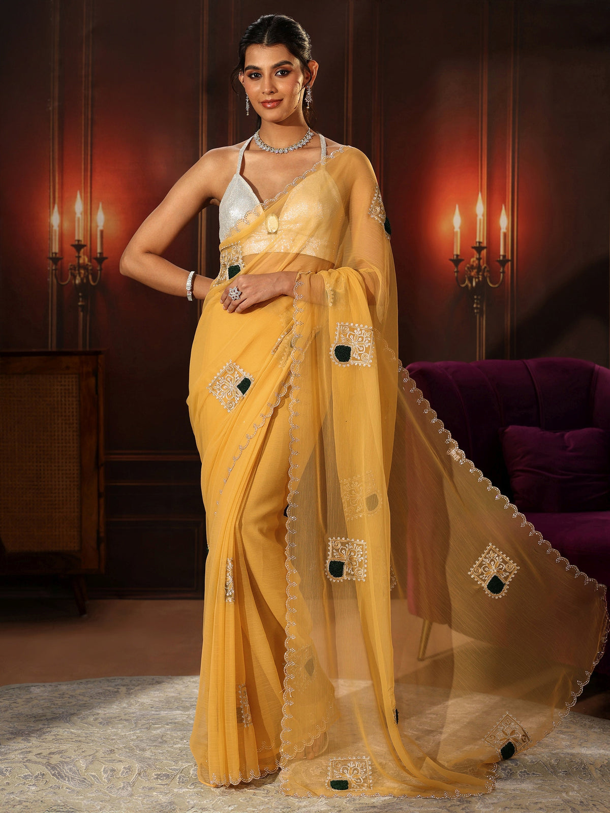 Anouk Saffron Yellow Chiffon Saree with Embroidered  Motifs