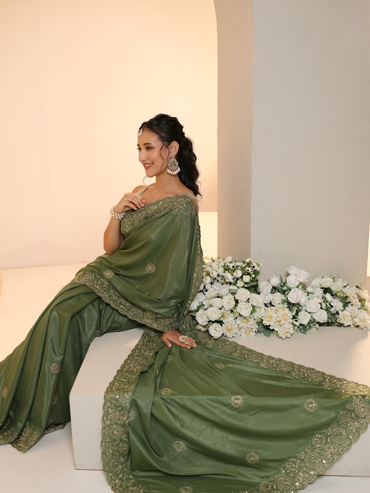 Anouk Sage Green Embroidered Silk Blend Saree