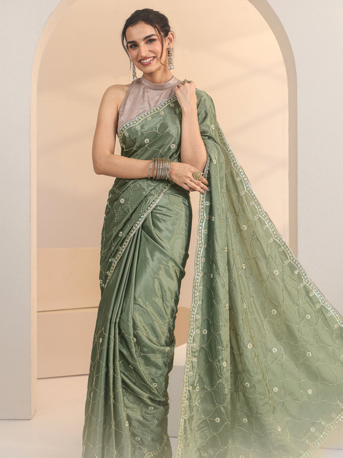 Anouk Sage Green Floral Embellished Silk Blend Saree