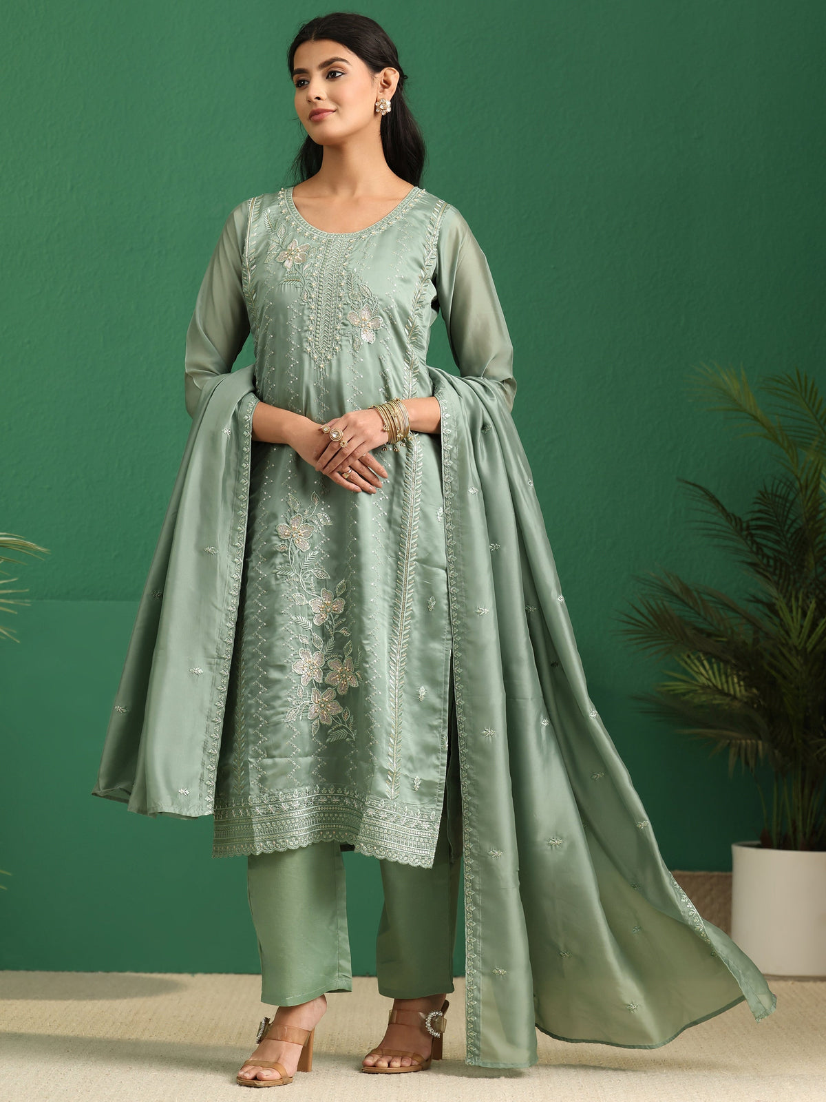 Anouk Sage Green Floral Embroidered Organza Straight Suit Set