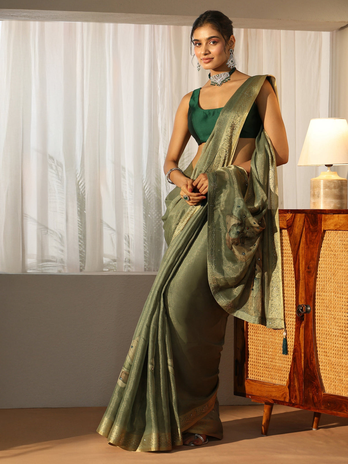 Anouk Sage Green Floral Printed Silk Blend Saree with Woven Border