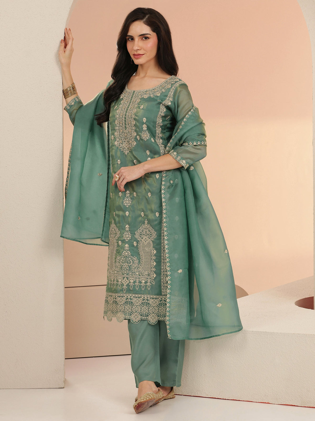Anouk Sea Blue Embroidered Tissue Straight Suit Set