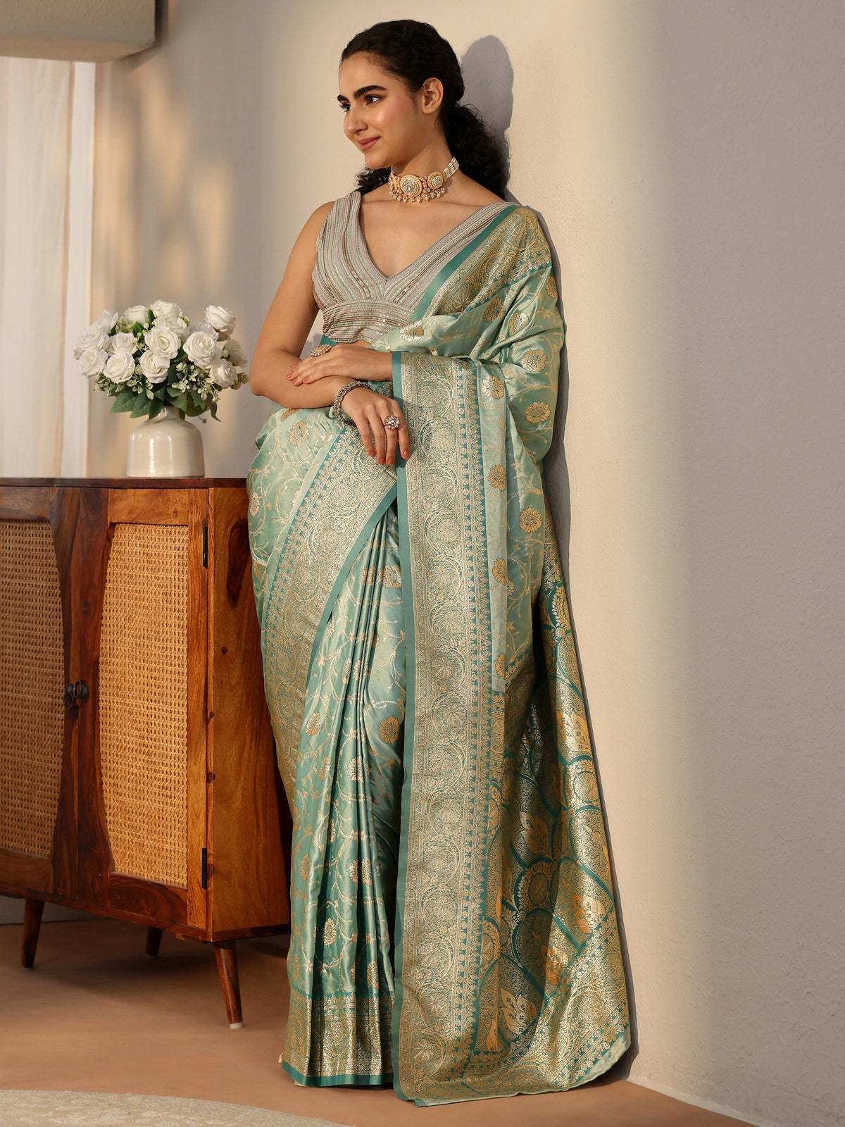 Anouk Sea Green Banarasi Satin Saree