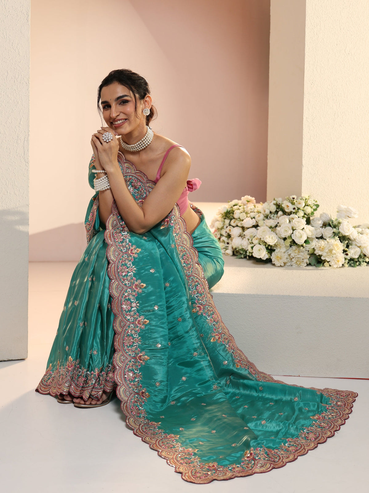 Anouk Sea Green Embellished Silk Blend Saree