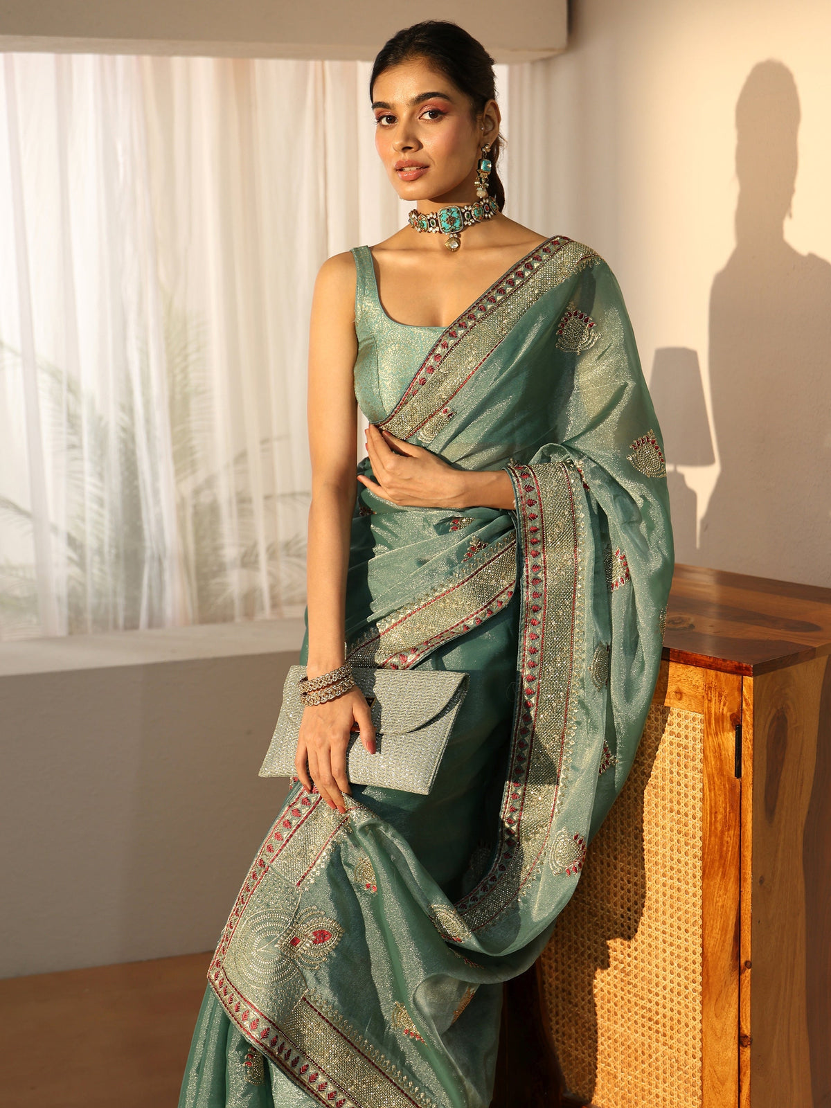 Anouk Sea Green Embellished Tissue saree