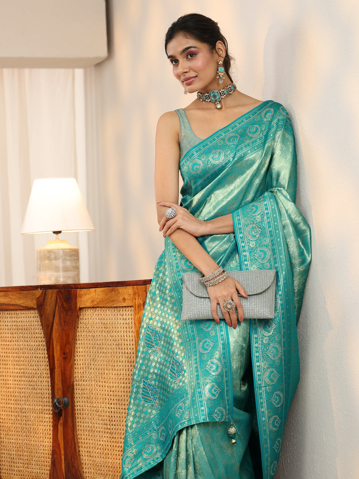 Anouk Sea Green Floral Woven Silk Blend Saree