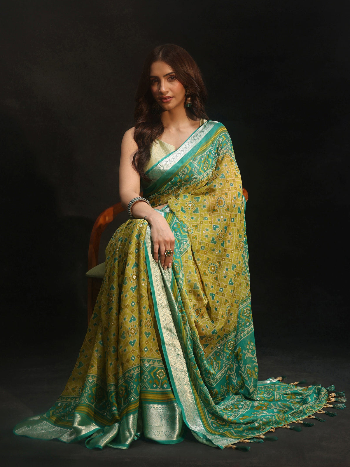 Anouk Sea Green Patola Printed Chiffon Saree