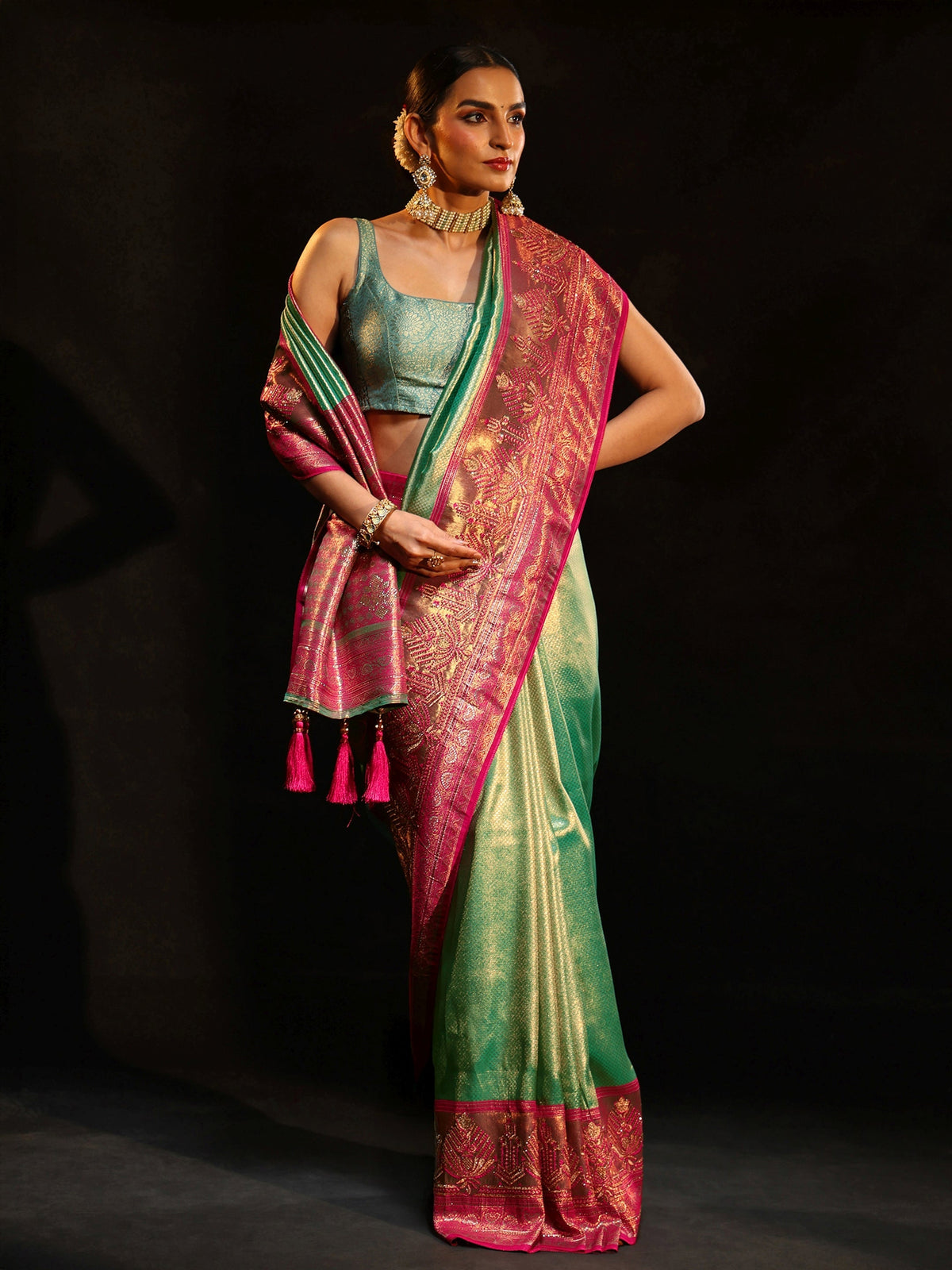 Anouk Sea Green Woven Design Silk Blend Saree