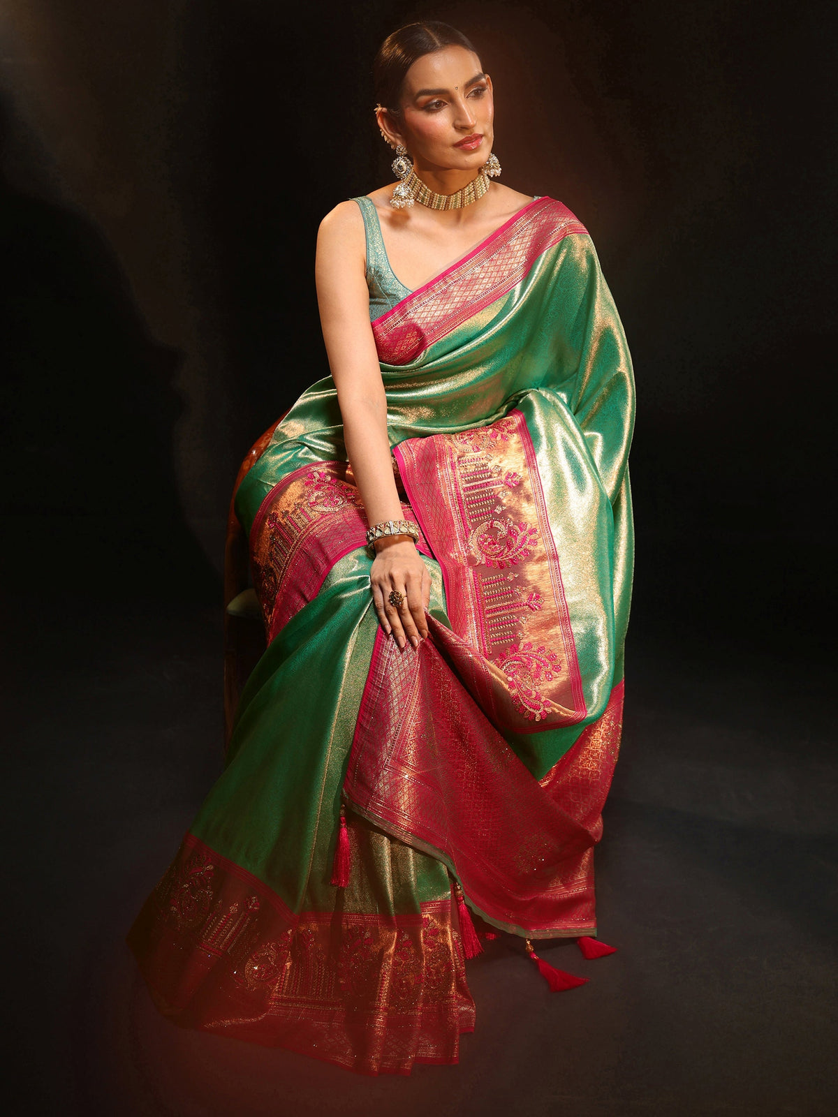 Anouk Sea Green Woven Design Silk Blend Saree