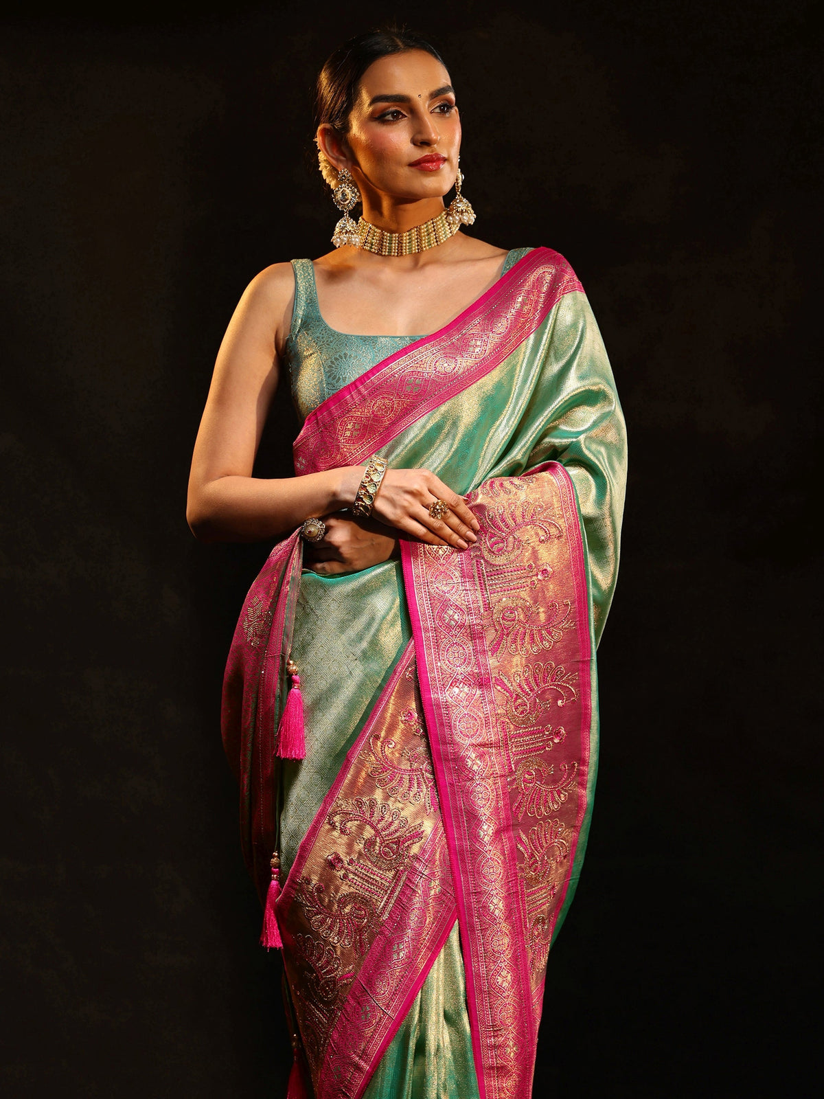 Anouk Sea Green Woven Design Silk Blend Saree
