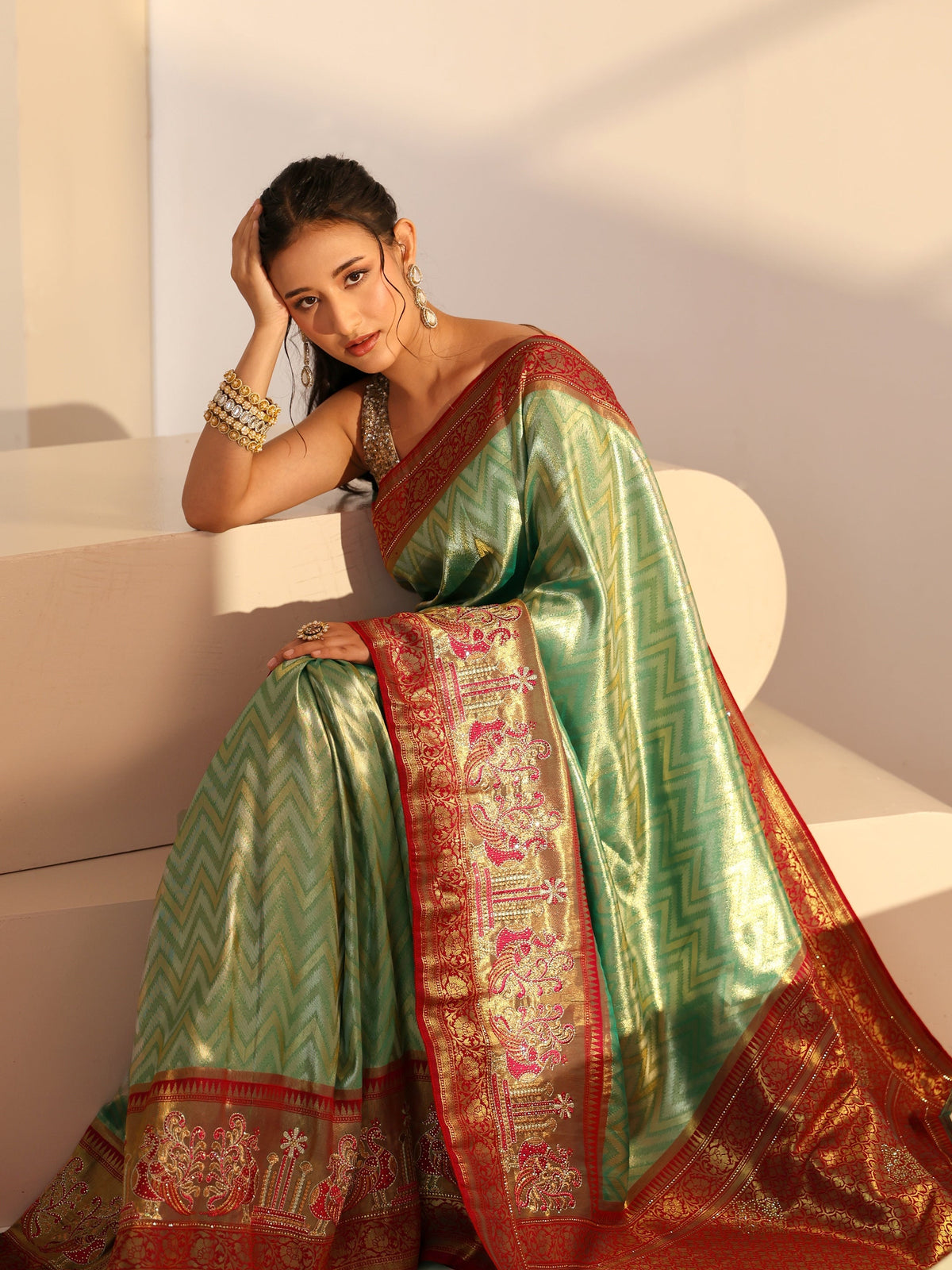 Anouk Seafoam Green Chevron Woven Design Silk Blend Saree