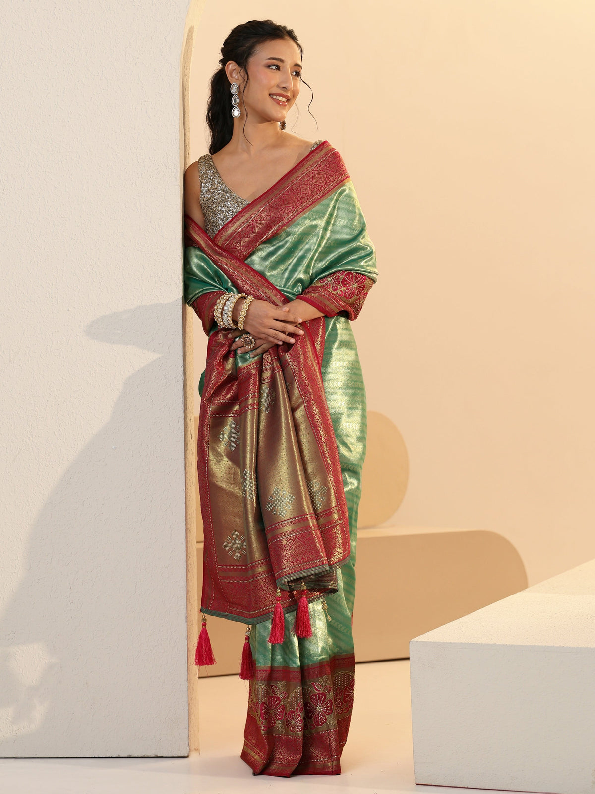 Anouk Seafoam Green Woven Design Silk Blend Saree