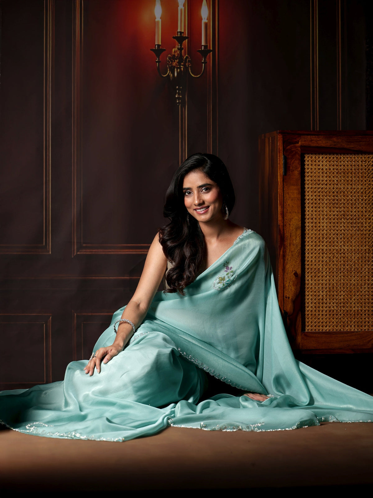 Anouk Sky Blue Floral Embellished Tissue Saree