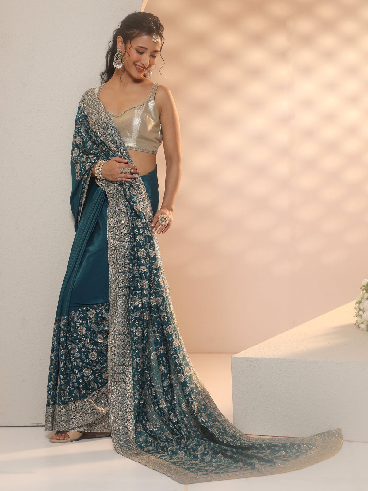 Anouk Slate Blue Satin Saree with Floral Embellishments