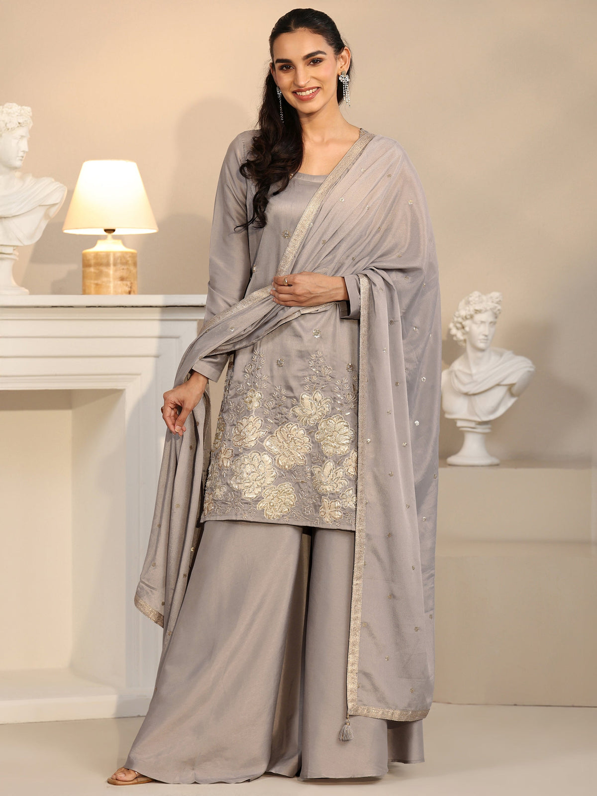 Anouk Slate Grey Floral Embellished Silk Blend Palazzo Suit Set