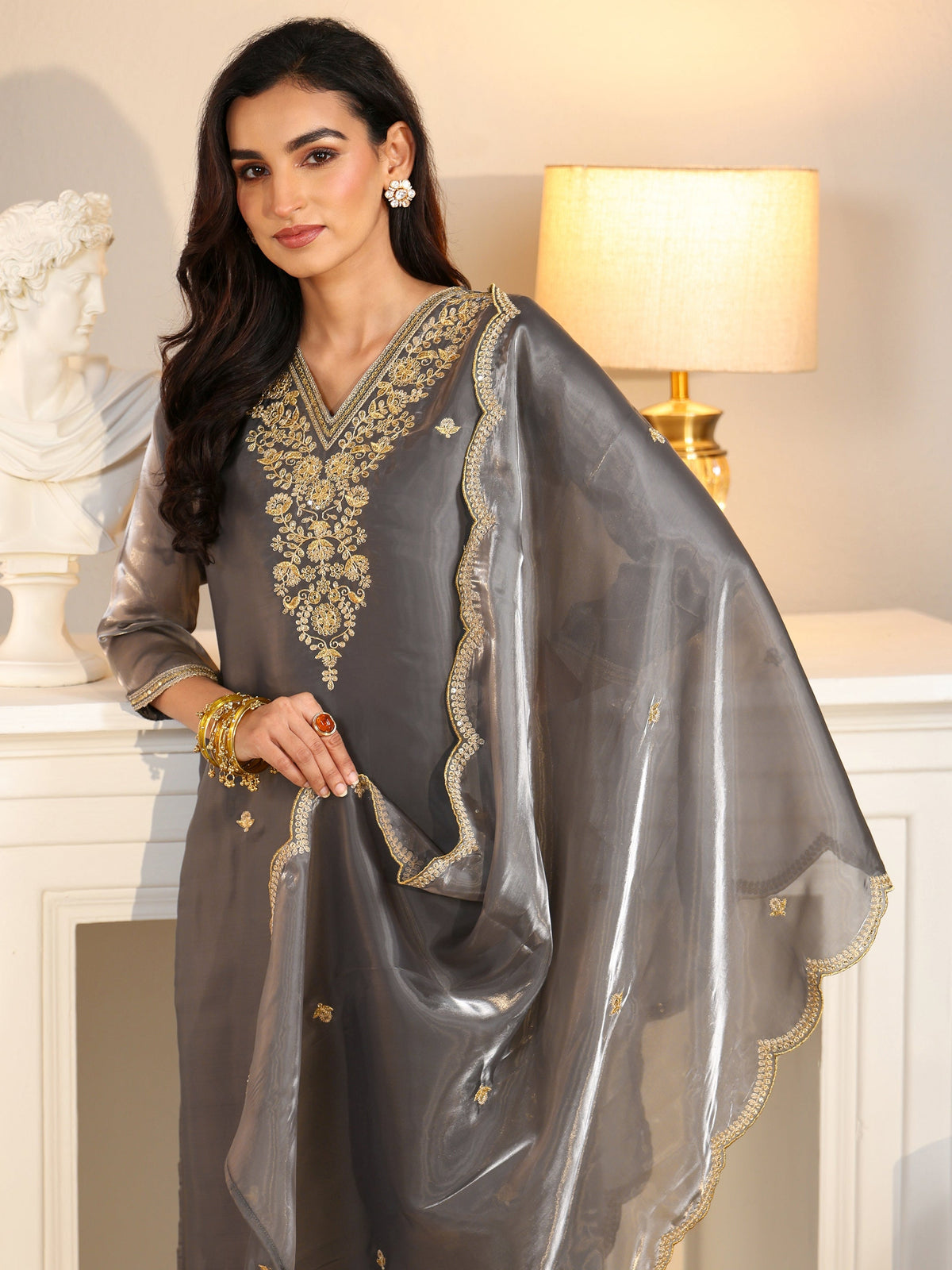 Anouk Slate Grey Floral Embellished Tissue Straight Suit Set