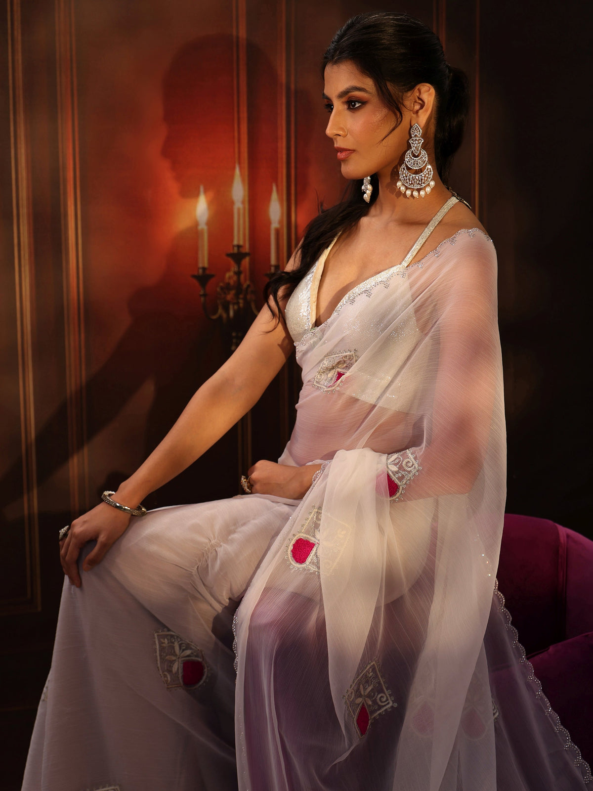 Anouk Snow White Chiffon Saree with Embroidered  Motifs