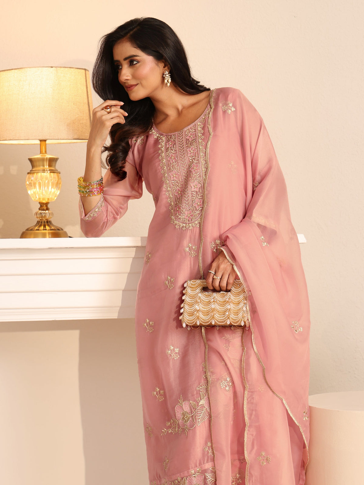 Anouk Soft Pink Floral Embroidered Organza Straight Suit Set