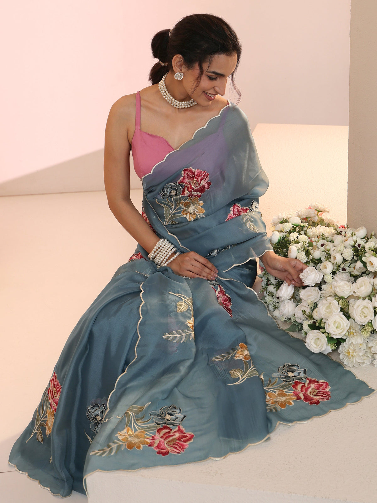 Anouk Steel Blue Floral Embroidered Tissue Saree with Scalloped Border
