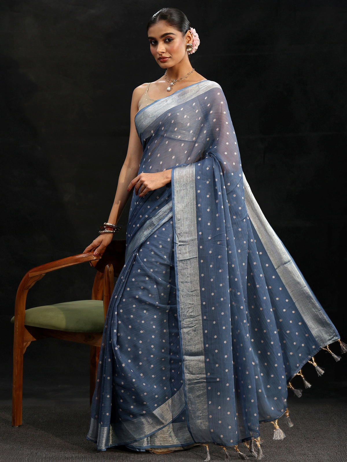Anouk Steel Blue Floral Printed Chiffon Saree