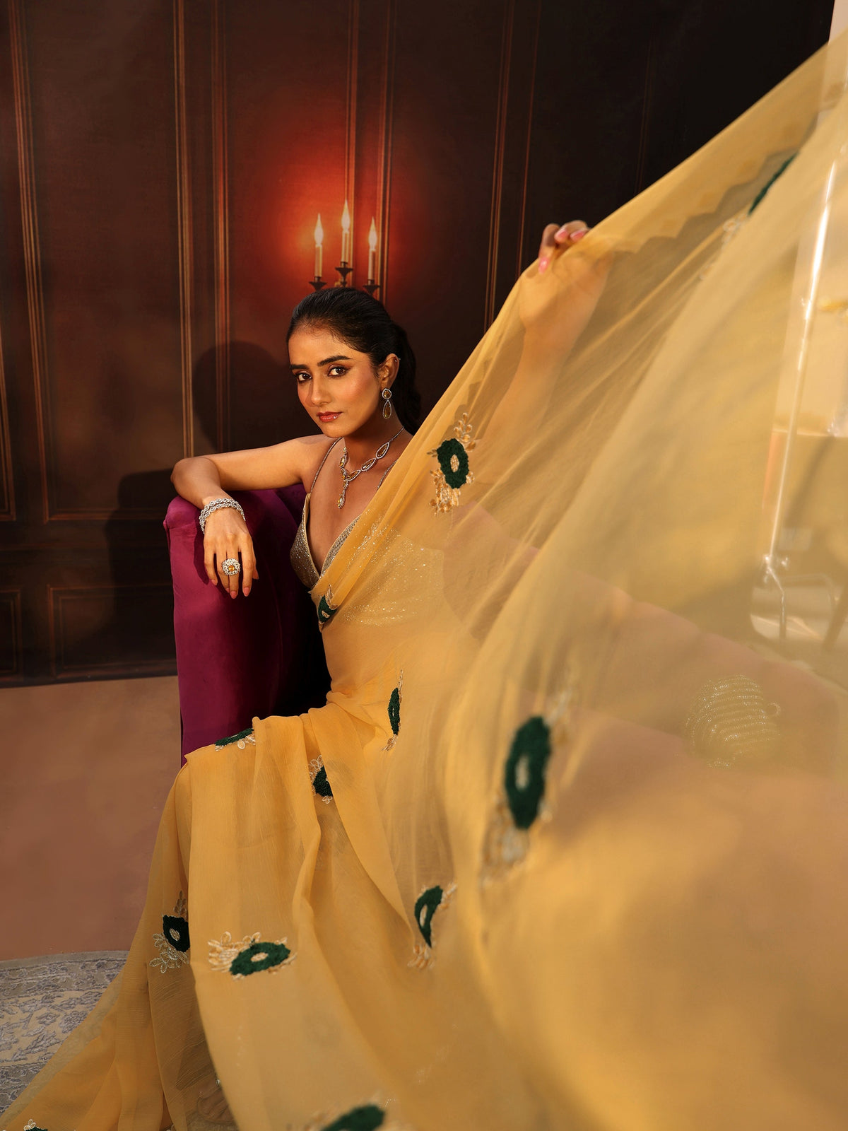 Anouk Sunshine Yellow Chiffon Saree with Embellished Floral Motifs