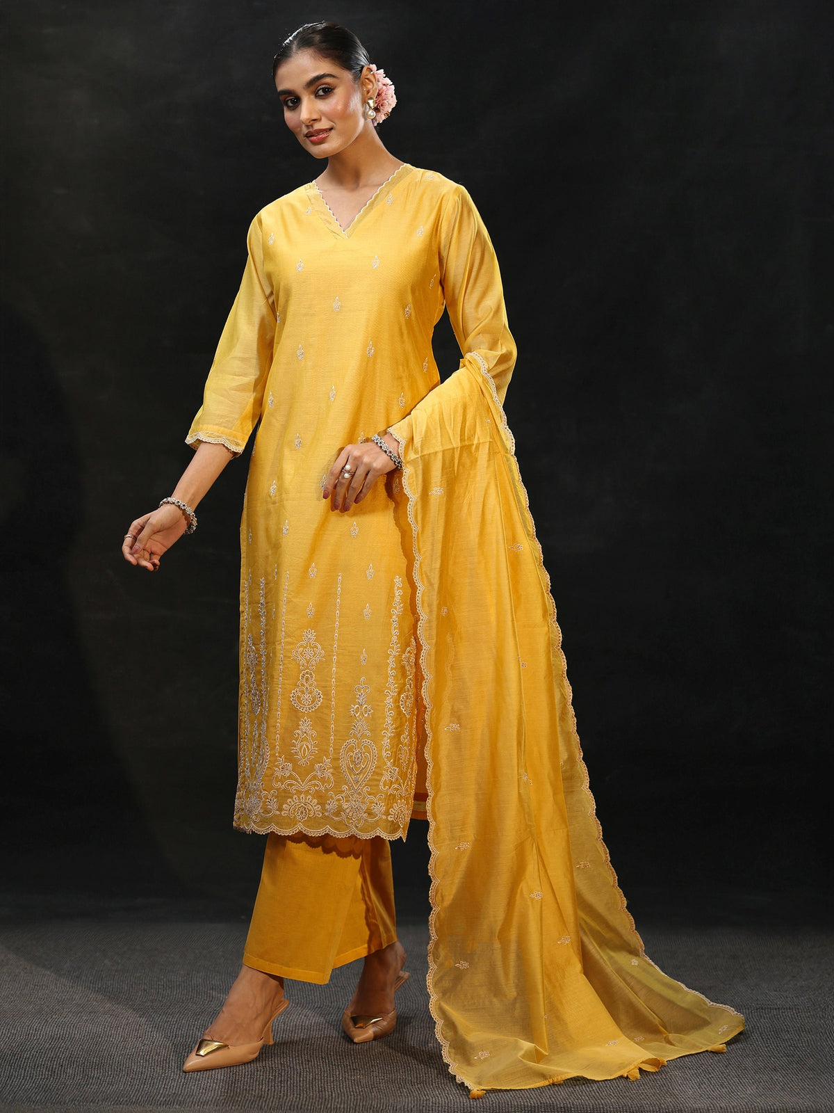 Anouk Sunshine Yellow Embroidered Chanderi Silk Straight Suit Set