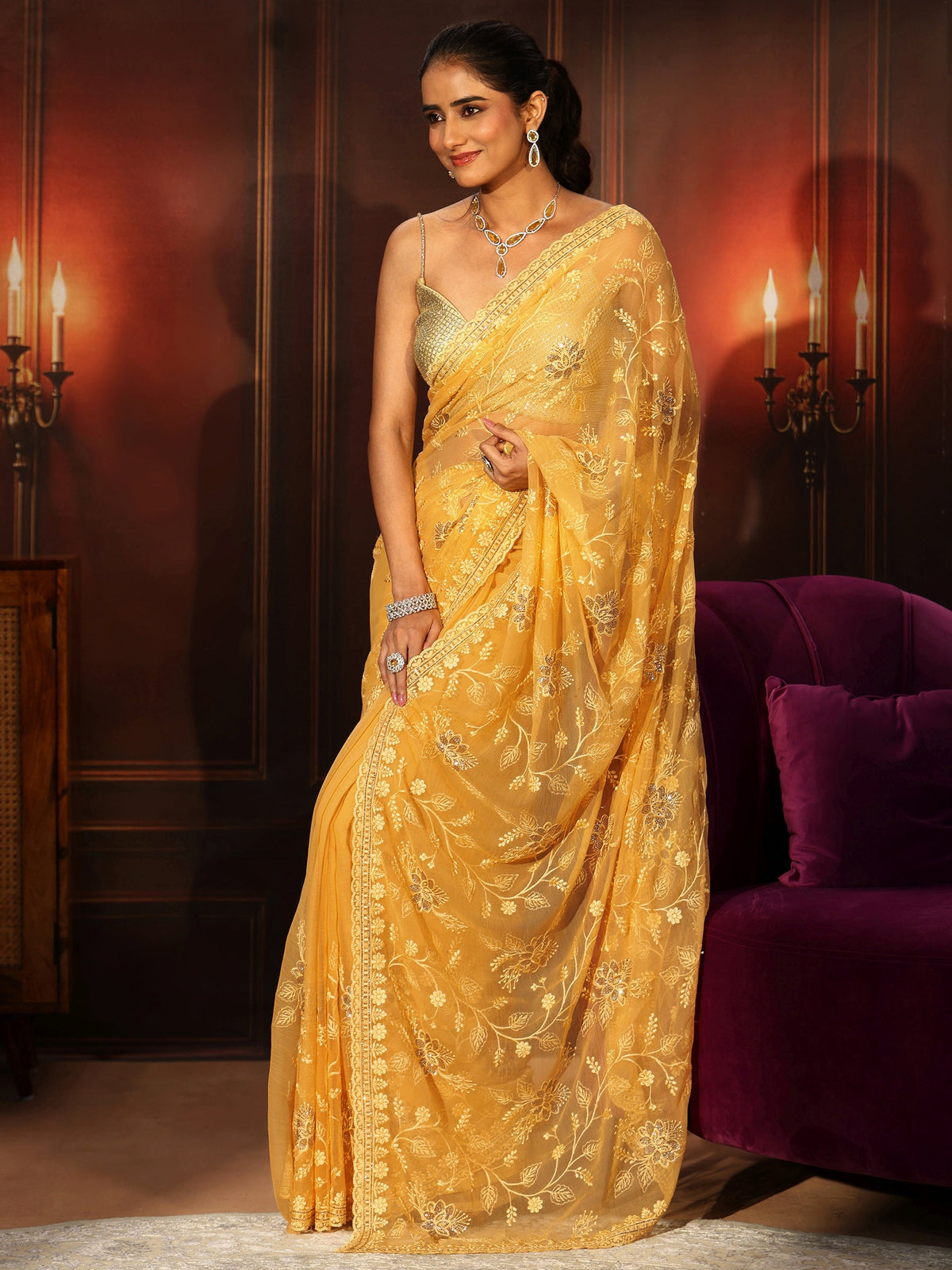 Anouk Sunshine Yellow Floral Embroidered Chiffon Saree