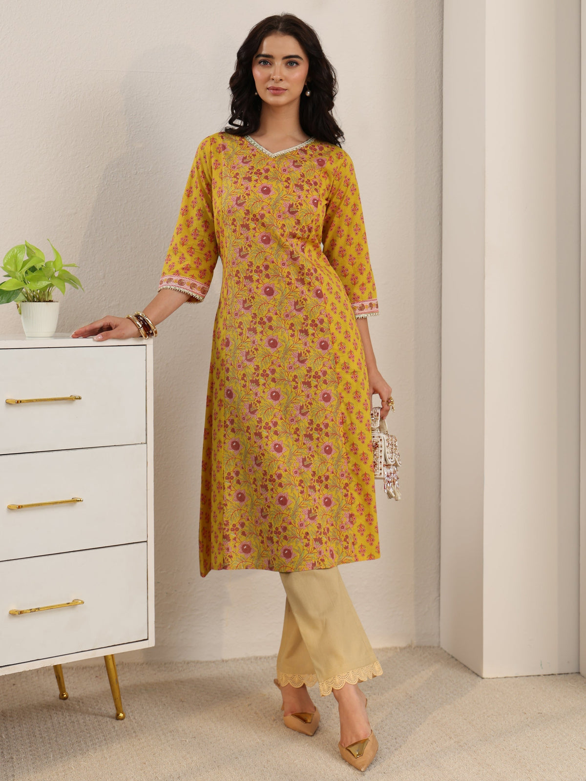 Anouk Sunshine Yellow Floral Printed Cotton A-Line Kurta